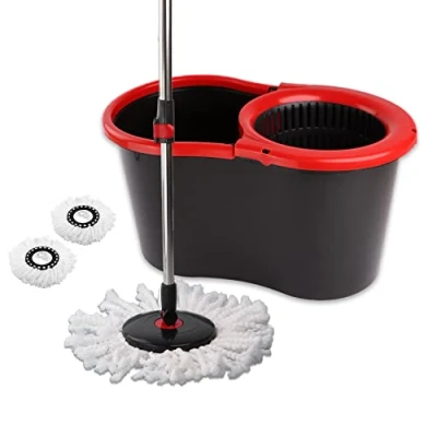 Image of DIVCHI Microfiber Spin Mop and Bucket Set, for Cleaning Floors, Set of 1x Mop, + 2 Replacement Heads, Red/Gray