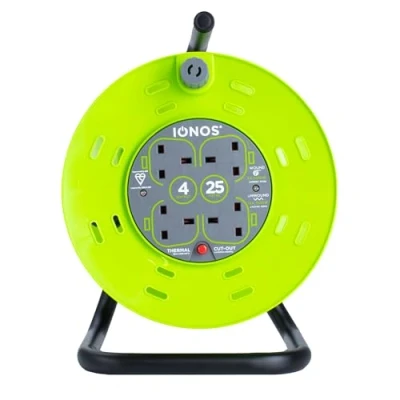 Image of Status: IONOS 4 Socket Cable Reel, 25m Green Extension Lead, 13A with Thermal Cut Out, Heavy Duty Outdoor ION25M13ACR2