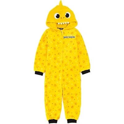 Image of Baby Shark Onesie Children Toddlers Boys Girls Yellow Family Song All In One Pyjamas Character Hood 3D Teeth Fin Fluffy Fleece With Zip