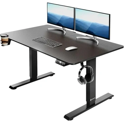Image of CASARIA® Carbon Fibre Look Motorised Sit Stand Desk Height Adjustable 73 118cm 110x60cm Deskop LCD Display Standing Home Office Gaming Computer Table Headset, Drink Holder