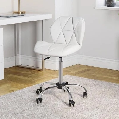 Image of Vida Designs Geo Office Computer Chair, White, Gaming Secretary Adjustable Swivel Legs Lift Chrome PU Faux Leather