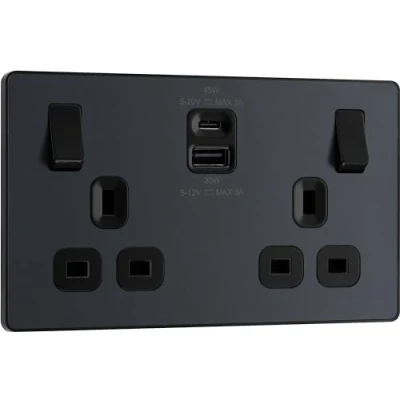 Image of BG Electrical Double Switched Power Wall Plug Socket with Super Fast Charge Type A and C USB Charging Ports, Evolve, Matt Grey, 13A, 45W, PCDMG22UAC45B