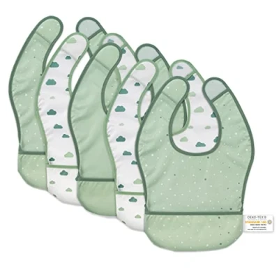 Image of MiaMia 5 Pack Baby Bibs Waterproof Weaning Bib with Food Catch Oeko Tex Standard 100 certified Sage Green