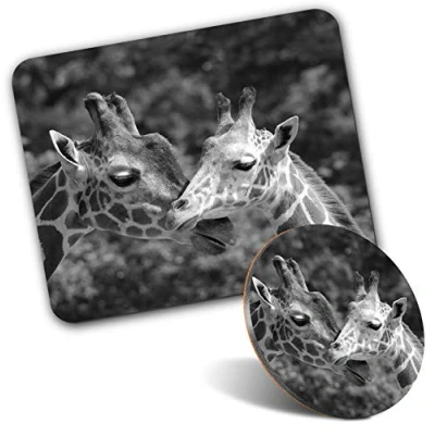 Image of Rectangle Mouse Mat &amp; Round Coaster Set BW Mother Baby Giraffe Animals 20 cm 9 for Computer Laptop, Office, Gift, Non slip Base #36504