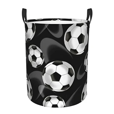Image of Soccer Black Print Circular Laundry Hamper With Rope Handle Collapsible Waterproof Basket For Kids Toys Room, Bedroom, Living Gift Dirty Clothes Organizer Storage
