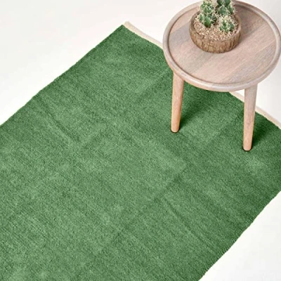 Image of HOMESCAPES Dark Olive Green Rug 100% Cotton Plain Modern Reversible Chenille Floor Mat with Natural Colour Trim Anti Shedding Soft Touch Washable, Extra Large, 110 x 170 cm (43&quot; 67&quot;)