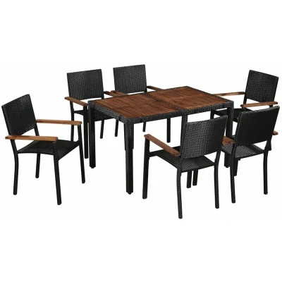 Image of vidaXL 7 Piece Outdoor Dining Set Poly Rattan and Acacia Wood Black