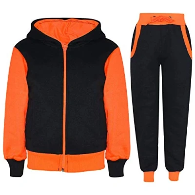 Image of A2Z 4 Kids Girls Boys Tracksuit Plain Camouflage Contrast Fleece Hooded Top with Bottom Joggers Suit T.S 101 Neon Orange 9 10