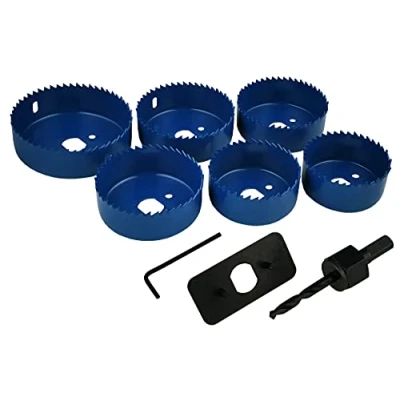 Image of Olympic Fixings Downlight Holesaw 9 Piece Set 60, 65, 70, 72, 75 &amp; 85mm Steel Hole Saw Cutters, Arbor and Accessories Ceiling Downlighter Installation Kit for Plasterboard, Plastic Wood