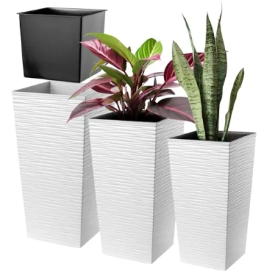 Image of KADAX Tall Planter Set, Lightweight Plastic Flowerpot for Garden, Balcony, Large Weatherproof Plant Pot Outdoor and Indoor Use (White, Set of 3)