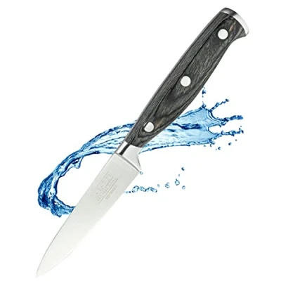 Image of Sabatier Professional Small Vegetable Kitchen Paring Knife 3.5in/9cm Full Tang Taper Ground Stainless Steel Blade. Unique Grey Pakkawood Triple Rivet Handle. Lifetime Performance 25yr Guarantee