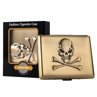 Image of Classic Vintage Raised Skull Metal Women&#039;s Men&#039;s Portable Cigarette Case, Holds 18 20 100mm Cigarettes,RFID Credit Card Wallet (20pcs 100&#039;s, Bronze)