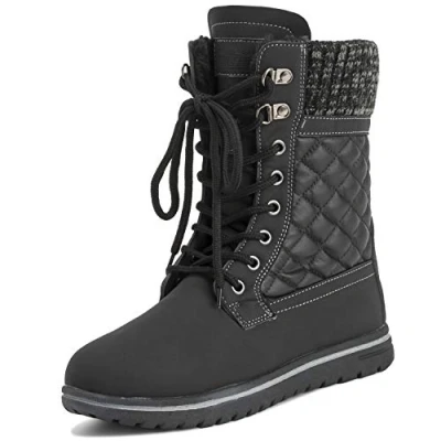 Image of Polar Boot Womens Quilted Outdoor Cuff Snow Duck Waterproof Lace Up Faux Fur Boots, Black Leather Cardy, 4 UK