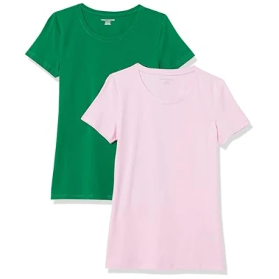 Image of Amazon Essentials Women&#039;s Classic Fit Short Sleeve Crewneck T Shirt, Pack of 2, Green/Light Pink, L