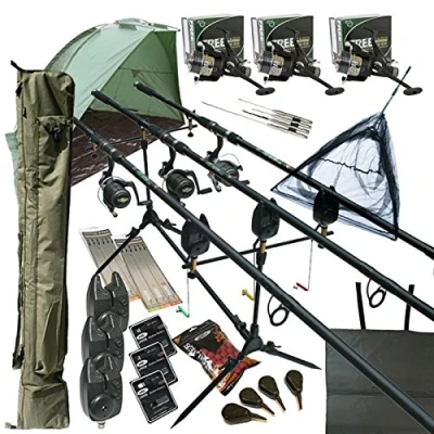 Image of Deluxe Full Carp fishing Set Up With Rods, Reels, Alarms, 42&quot; Net, Holdall, Bait, Bivvy &amp; Tackle