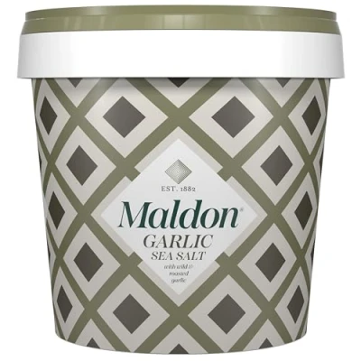 Image of Maldon Garlic Sea Salt, With Wild and Roasted Garlic, Perfect for a Wide Range of Dishes, Fantastic Burst Flavour, Pyramid Shaped Flakes 500g Tub