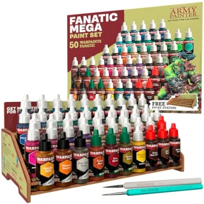 Image of The Army Painter, Warpaints Fanatic Mega Set Combo, 50 x 18 ml Acrylic Paints incl. Skin Tones, Metallics, Effects, Washes, 1 Free Paint Station &amp; 2 Brushes Model for Warhammer Dnd