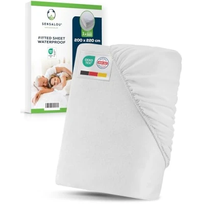 Image of Sensalou Waterproof Fitted Sheet 200x220 cm Large Mattress Protector for Extra King Bed Soft Cotton Surface Rustle Free Incontinence Cover Washable At 95 C Breathable &amp; Durable