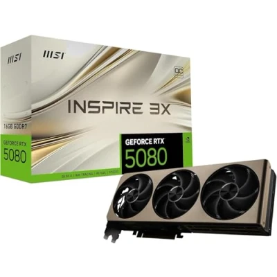 Image of MSI NVIDIA GeForce RTX 5080 16G INSPIRE 3X OC GDDR7 256bit Gaming Graphics card, Boost Clock up to 2655 MHz, PCIe Gen 5, DLSS 4, DP 2.1 x 3, HDMI 1, SFF Ready