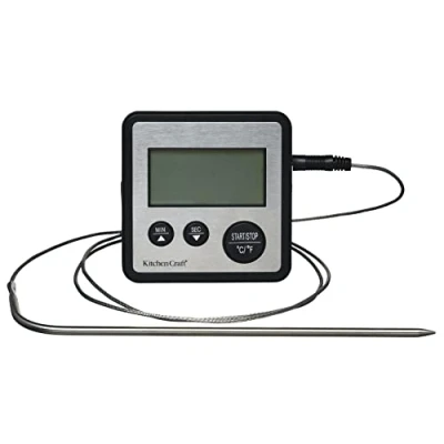 Image of KitchenCraft Digital Food Thermometer and Kitchen Timer with Probe for Meat, Sugar, Jam More, Silver, 8 x 2 cm