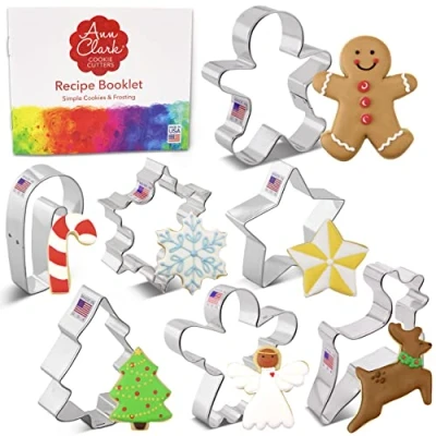 Image of Christmas Cookie Cutters 7 Pc Set Made in USA by Ann Clark, Gingerbread Man, Tree, Star, Snowflake, Angel