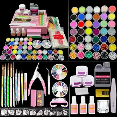 Image of TEEROVA Nail Art Kit, 42 Acrylic Powder Liquid Brush Glitter Clipper Primer File Tips Set Kit