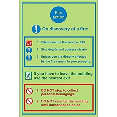 Image of Seco Fire Action On Discovery of A Sign, 200mm x 300mm Photoluminescent 1mm Semi Rigid Plastic