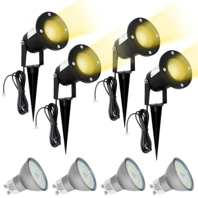 Image of Wondlumi 4X Outside Lights Mains Powered Outdoor Garden Spike Spot Light IP65 Adjustable GU10 Stake Spotlights Lawn Pathway Lighting Black with 3000K LED Bulbs