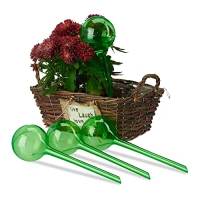 Image of Relaxdays Watering Globes, Set of 4, Regulated Irrigation, 2 Weeks, Pot Plants, Plastic Sphere, Bulb, PVC, Green, 8 cm Diameter