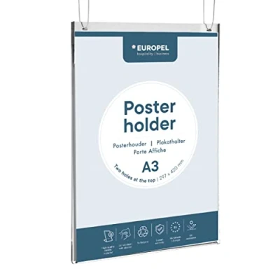 Image of EUROPEL Poster Holder, Hanging, A3, Crystal Clear Acrylic, Portrait, for Office, Congres, Fair