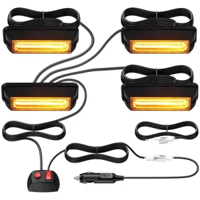 Image of Justech 4PCS COB Recovery Lights 12V 24V Hazard Warning Light Amber Beacon Emergency Grill 18 Flash Modes with Car Cigarette Lighter for Vehicle Truck Trailer Caravan Van Lorry Tractors