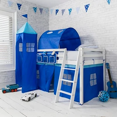 Image of Cabin Bed Mid Sleeper in Blue with Tent, Tower, Tunnel and Tidy (57BL FM Solid White) Noa &amp; Nani