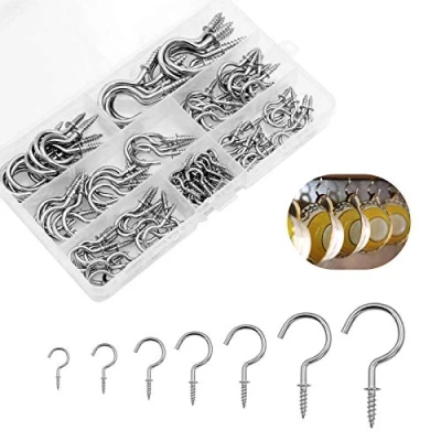 Image of Hushtong 120 Pcs Screw Hooks, Cup Hooks Nickel Plated Metal in Eye Ceiling for Hanging Plants, Kitchen Cabinet Shelf (Silver) 7 Sizes
