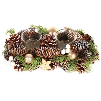 Image of Jingles Christmas Table Centrepiece Pine Cone Dressed 2 Glass Jar Candle Holder
