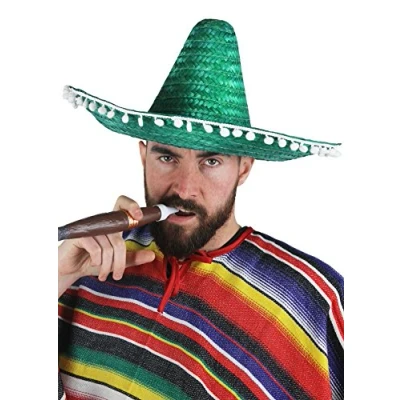Image of LADIES MEXICAN GREEN SOMBRERO FANCY DRESS ACCESSORY HAT HOLIDAY STRAW HEN NIGHT LARGE NOVELTY WITH POMPOMS