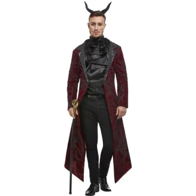 Image of Smiffys Deluxe Devil Costume, Red Jacket, Cravat &amp; Horns, Halloween Adult Fancy Dress, Dress Up Costumes