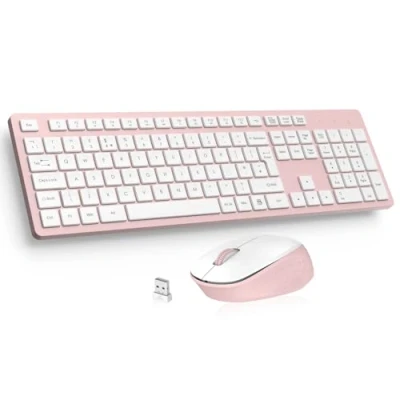 Image of LeadsaiL K786 Wireless Keyboard and Mouse Set, 2.4GHz USB Computer Keyboards Combo, UK Layout, Ergonomic Design with 12 Multimedia Shortcuts for HP/Lenovo Windows Laptop PC Pink White