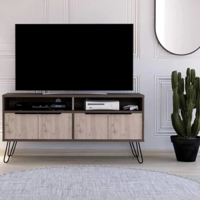 Image of Home Source Large TV Stand Entertainment Cabinet, 2 Media Shelves and Cupboards, Two Tone Oak Effect, 4 Door, Engineered Wood