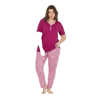Image of Ulla Popken Women&#039;s Pyjama, Zierkante, Spitzendruck, Halbarm Pajama Set, Fuchsia, 46 48