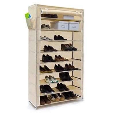 Image of Relaxdays VALENTIN Shoe Rack Storage Unit, 161 x 88 30 cm, with Fabric Cover, 10 Shelves Zipper, 45 Pairs of Shoes, Beige