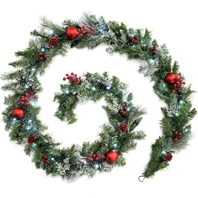 Image of WeRChristmas Pre Lit Frosted Decorated Garland Illuminated with 40 Cool White LED Lights, Red, 9 feet