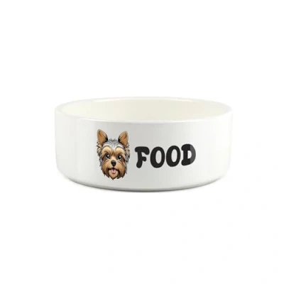 Image of Yorkshire Terrier Pet Bowl Cartoon Yorkie Dog Portrait Small Ceramic Food Novelty White Dish For Dogs