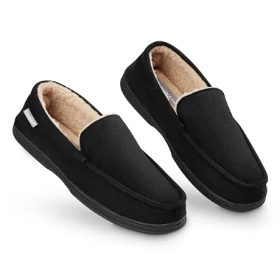 Image of DUNLOP Moccasins Slippers Men Loafers Faux Fur Rubber Sole Memory Foam House Indoor Shoes Gifts For (Black, 10 UK)