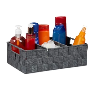 Image of Relaxdays Storage Basket with Compartments, Bathroom Cosmetics Bin, Box, Handles, HWD: 10x32x21 cm, Grey 10030254_111