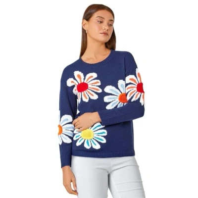 Image of Roman Originals Jumper for Women UK Ladies Winter Autumn Casual Pull On Round Crew Neck Long Sleeve Comfy Work Dinner Party Everyday Colourful Longline Stylish Navy Size 14