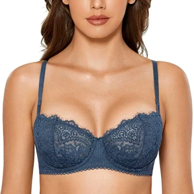 Image of DOBREVA Women&#039;s Lace Balconette Bra Half Cup Non Padded Push Up Underwire Sheer Bras Military Blue 34A