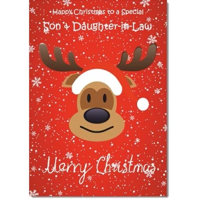Image of doodlecards Son and Daughter in Law Christmas Card Rudolph on Red Background Large A4 Size for &amp; with Plain Envelope