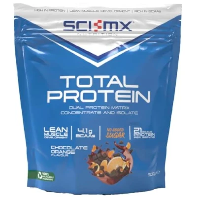 Image of SCI MX Total Protein Dual Concentrate &amp; Isolate Powder Lean Muscle Development Chocolate Orange No Added Sugar 4.1g BCAAs + 21g per Serving 900g