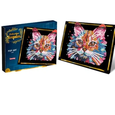 Image of Lansay Sequins Collection Pop Art Cat Create a Sparkling Sequin Image of Includes Storage Compartment Creative Activity for Adults and Teenagers from 14 Years