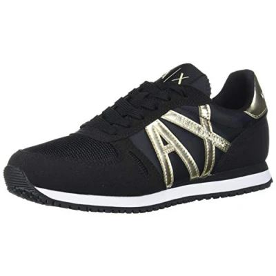 Image of Armani Exchange Women&#039;s Retro Running Sneakers Indoor Court Shoe, Black and Gold, 40M Medium EU (9 US)